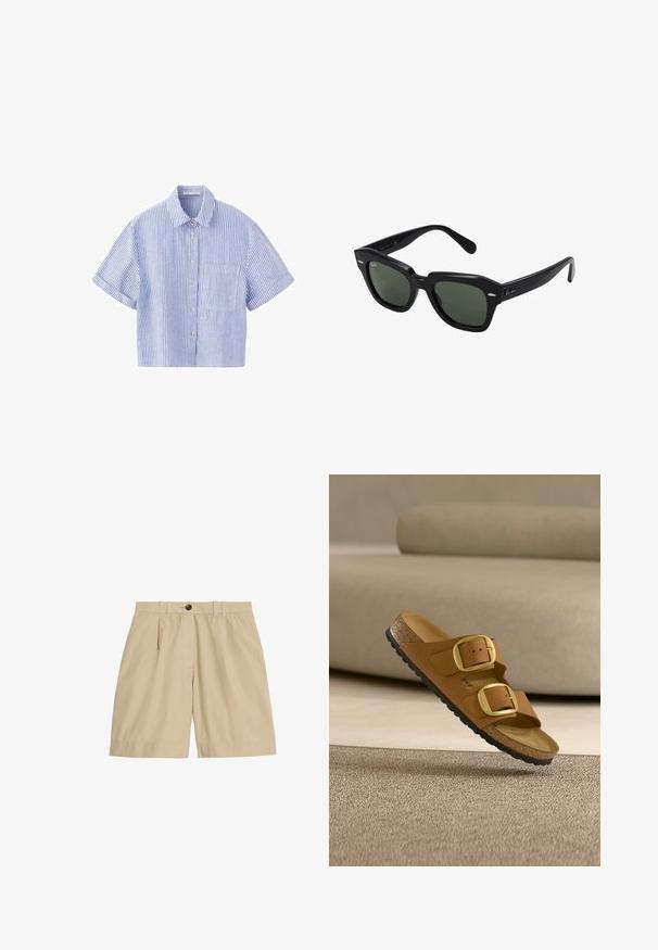 Blå og hvide lodrette stribede kortærmede skjorte med krave og en enkelt brystlomme på hvid baggrund.; Marks & Spencer PURE FRONT BERMUDA - Shorts - beige; Brun sandal med to store guldspænder og korksål, der svæver over beige tæppe og sofa i baggrunden.; Sorte firkantede solbriller med mørkegrønne linser, der har kraftige stel og sølvdetaljer på siderne. Fremstillet i Italien.