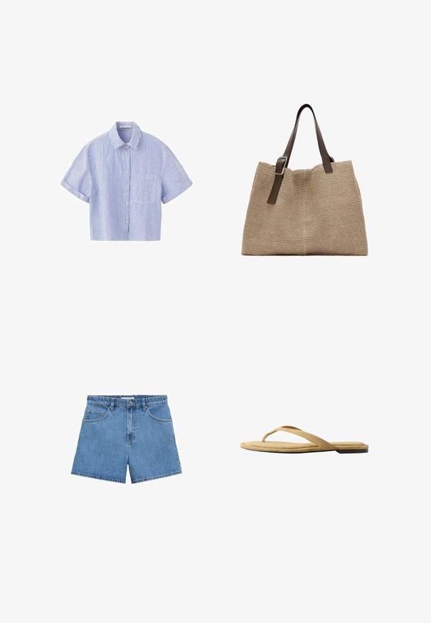 Chemise à manches courtes à rayures verticales bleues et blanches, avec un col et une poche poitrine unique sur fond blanc.; Shorts en denim bleu clair avec une taille haute, design à cinq poches et fermeture à bouton. Coupe droite avec un ourlet propre.; Sandale beige en daim avec semelle plate et fine bride, vue de côté sur fond blanc.; Sac cabas tissé beige avec deux bretelles en cuir marron foncé réglables et une boucle argentée sur une des bretelles.