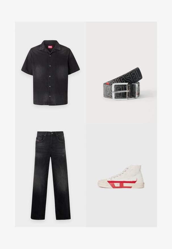 Chemise noire à manches courtes avec col classique, légère décoloration à l'avant, et étiquette de marque Diesel rouge à l'intérieur du col.; Jean en denim noir à coupe droite, avec cinq poches, un léger délavage et un aspect usé. Détails visibles en métal et coutures apparentes.; Baskets montantes avec une tige en toile blanche, des accents en caoutchouc rouge et un détail d'ourlet effiloché, avec des œillets en argent et une semelle texturée.; Ceinture noire Diesel avec grand texte logo blanc, boucle rectangulaire en argent, et détail de boucle métallique brandée, enroulée sur un fond clair.