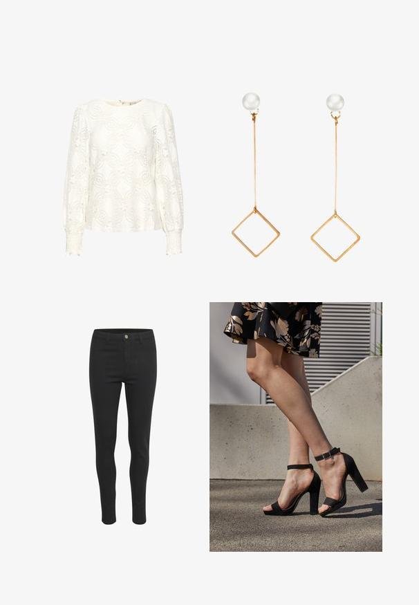 Hvid blonde top med blomstermønster, rund halsudskæring, puffede lange ærmer og samlede manchetter. Lynlås med knapper bagpå.; Sorte skinny jeans med en glat stofstruktur, der har en frontknaplukning, fem lommer og et tætsiddende design.; Sorte ruskinds høje hæle sandaler har et ankelstrop med spænde, åben tå design og en kraftig hæl. Glat tekstur og minimalistisk stil.; Guldtonede øreringe med en lang lige stang, prydet med en rund perle-stud og en hængende geometrisk diamantform.