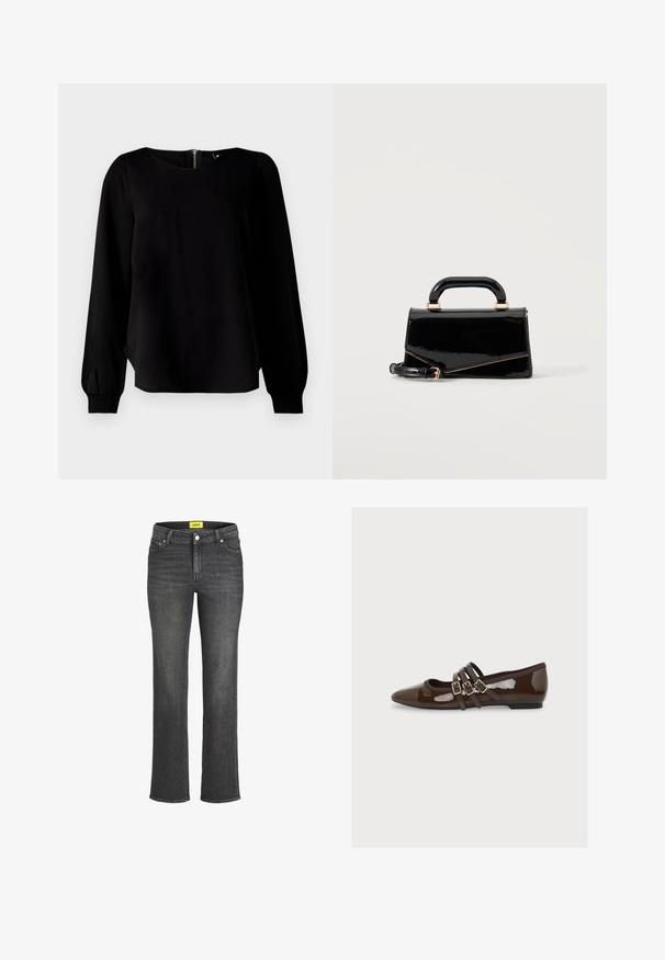 Must kokkuvöödeline must särk, millel on ümmargune kaelus, sikk-sakk varrukad ja seljaosa lukuga detail. Särk on valmistatud sileda kangaga, millel on kerge sära.; Tumedad hallid denim teksad sirge jala disainiga, viie tasku stiiliga ja kollane brändimärk vööl. Metallist nööpnõel.; Tumepruun läikiv nahast lattjalats terava varbaosaga ja kolm õhukest õlga kuldsete pandlatega peal.; Must läikiv ristkülikukujuline käekott ülemise sangaga, kuldsete detailide ja eemaldatava rihmaga, paigutatud lihtsale heledale taustale.