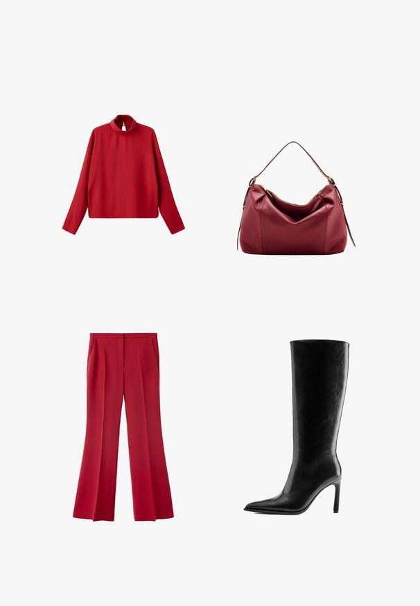 Haut rouge à manches longues avec col haut et fermeture à boutons au dos, fabriqué en tissu lisse, présenté sur fond blanc.; Pantalon rouge à jambes larges, sur mesure, avec poches latérales et fermeture avant cachée, présenté sur fond blanc.; Bottes en cuir noir montantes jusqu’au genou avec talon haut, bout pointu et talon aiguille fin, vues de côté sur fond blanc.; Sac à bandoulière en cuir rouge foncé à texture douce avec fermeture éclair dorée et sangle réglable sur fond blanc.