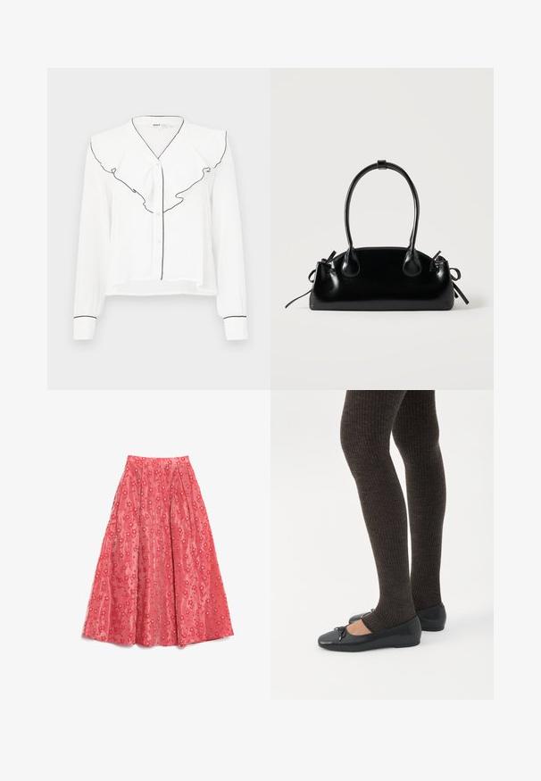 Camisa blanca de manga larga con cuello con volantes con borde negro, cierre de botones en el frente y detalles negros en las mangas.; Falda maxi de coral fluida, hecha de un tejido texturizado, con un patrón floral y pequeños acentos blancos, y pliegues para añadir volumen.; Piernas con leggings oscuros acanalados combinados con bailarinas negras que presentan pequeños detalles de lazo sobre un fondo blanco.; Pequeño bolso negro brillante con dos asas largas y detalles de cordón lateral sobre un fondo claro liso.