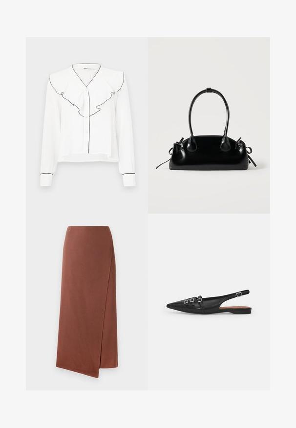 Chemise blanche à manches longues avec un col froncé bordé de noir, fermeture à boutons sur le devant et accents noirs sur les manches.; Jupe longue marron en tissu lisse avec une silhouette droite. Présente une fente sur le côté pour faciliter les mouvements. Design uni sans motifs.; Chaussure plate noire en cuir avec un bout pointu, dotée de deux lanières horizontales et de boucles carrées en argent, avec un faible talon et une texture lisse.; Petit sac à main noir brillant avec deux longues anses et des détails à cordon sur les côtés sur un fond clair uni.