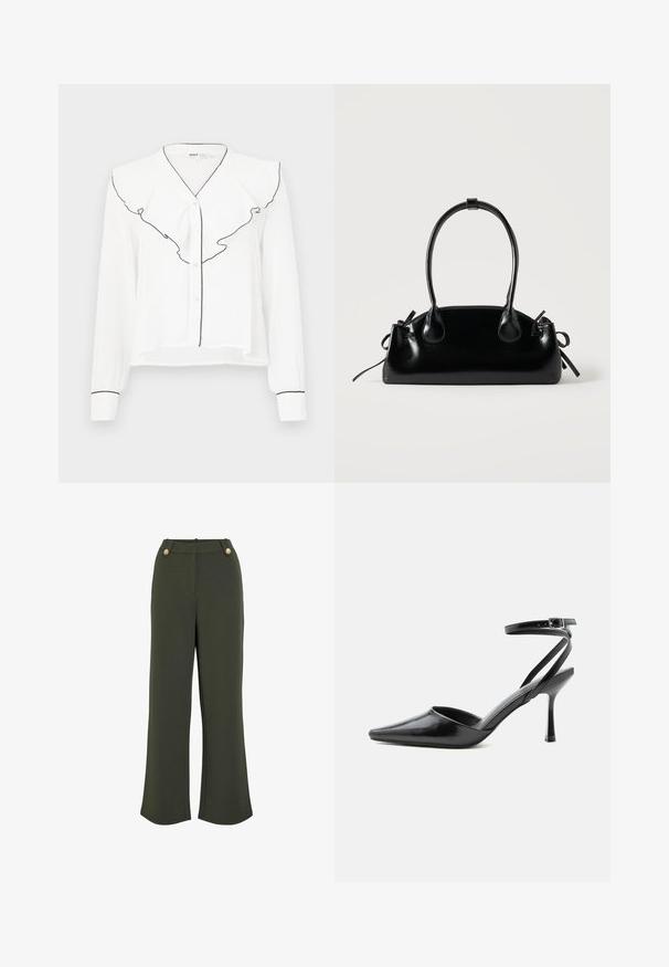 Chemise blanche à manches longues avec un col froncé bordé de noir, fermeture à boutons sur le devant et accents noirs sur les manches.; Pantalons larges vert olive avec une texture lisse, dotés de deux boutons dorés à la taille et d'une silhouette épurée et bien ajustée.; Escarpin noir à bout pointu avec fines brides de cheville et fermeture à boucle argentée sur fond clair uni.; Petit sac à main noir brillant avec deux longues anses et des détails à cordon sur les côtés sur un fond clair uni.