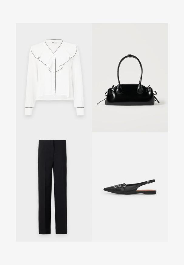 Camisa blanca de manga larga con cuello con volantes con borde negro, cierre de botones en el frente y detalles negros en las mangas.; Pantalones negros ajustados de corte recto, con una textura suave y sin patrones visibles. Cintura estándar y un acabado limpio.; Zapato plano slingback de cuero negro con puntera puntiaguda, que presenta dos correas horizontales y hebillas plateadas cuadradas, tacón bajo y textura suave.; Pequeño bolso negro brillante con dos asas largas y detalles de cordón lateral sobre un fondo claro liso.