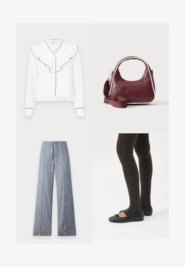 Chemise blanche à manches longues avec un col froncé bordé de noir, fermeture à boutons sur le devant et accents noirs sur les manches.; Pantalons larges en tissu bleu clair avec une texture subtile, dotés d'une taille élastiquée et d'un cordon de serrage pour l'ajustement.; Jambes portant des leggings côtelés foncés associés à des ballerines noires avec de petits détails en nœud sur fond blanc.; Sac à main en cuir tressé marron foncé avec poignée courbée, garniture blanche, fermeture éclair argentée et bandoulière large en tissu amovible sur fond uni.