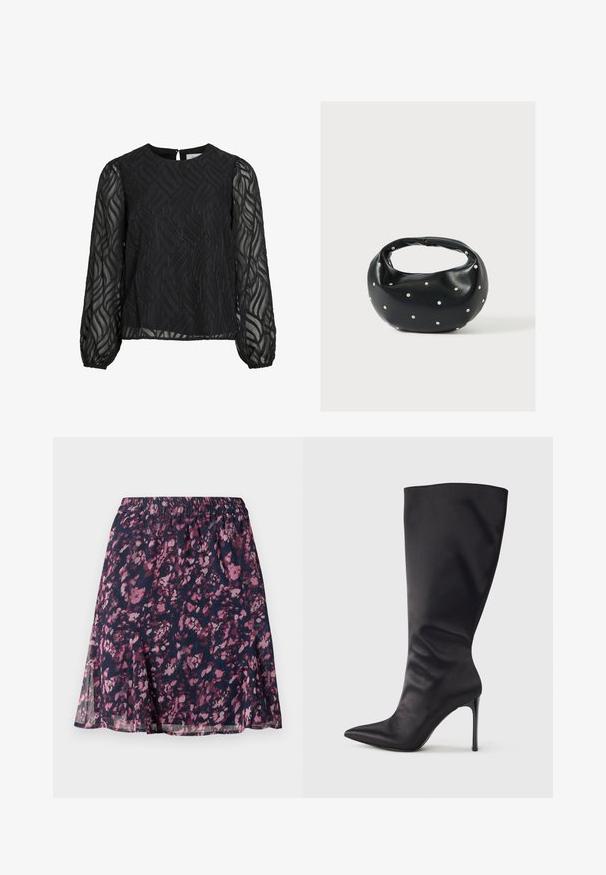 Blouse noire à manches longues transparentes, avec un motif de feuilles texturé, un col rond et une petite attache en forme de clé au dos.; Jupe marine avec taille élastique, ornée d'un motif floral abstrait rose et violet et d'un ourlet légèrement évasé.; Botte noire haute jusqu'aux genoux en cuir verni lisse et élégant ; bout pointu ; ajustée avec un léger froncé près de la cheville ; talon brillant.; Sac à main en cuir noir de forme arrondie, décoré de clous argentés et équipé d'une poignée courte. Texture lisse et fermeture éclair.