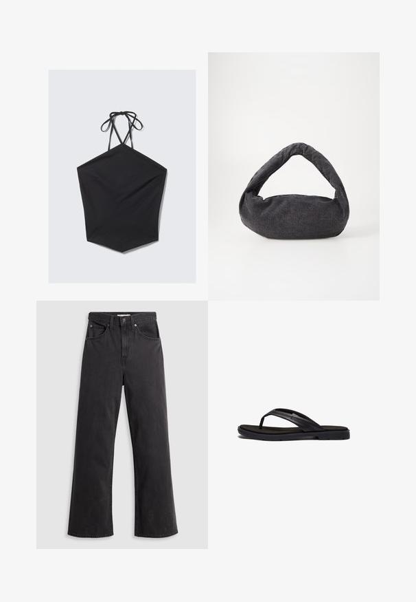 Schwarzes Halsbandoberteil mit sechseckiger Form, aus strukturiertem Stoff gefertigt, mit dünnen Bindebändern am Hals und dezenten vertikalen Streifen.; Schwarze Denim-Weitbein-Jeans mit hohem Bund, fünf Taschen und Metallknopfverschluß. Der Stoff hat eine glatte, leicht verblichene Textur.; Schwarze Flip-Flops mit einer weich strukturierten Gummisohle und eleganten synthetischen Riemen. Das Design umfasst minimale Hardware und ein niedriges Profil.; Dunkelgraue Stofftasche mit einem gebogenen Griff, weicher Textur und runder Form. Keine sichtbaren Beschläge oder Verzierungen.