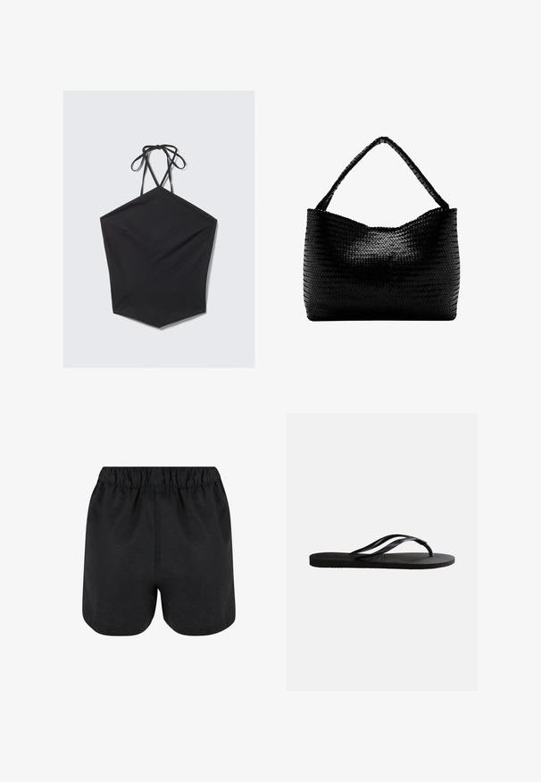 Sort haltertop med en hexagonal form, lavet af struktureret stof, med tynde snore ved halsen og diskrete lodrette striber.; Sorte shorts med elastisk talje. Blødt stof, enkelt design og let afrundet kant nederst. Ingen synlige mønstre eller logoer.; Sort gummiflip-flop sandal med tekstureret fodseng og tynde Y-formede remme på en ensartet hvid baggrund.; Sort vævet håndtaske med et enkelt flettet håndtag, rektangulær form og glansfuld tekstureret overflade.