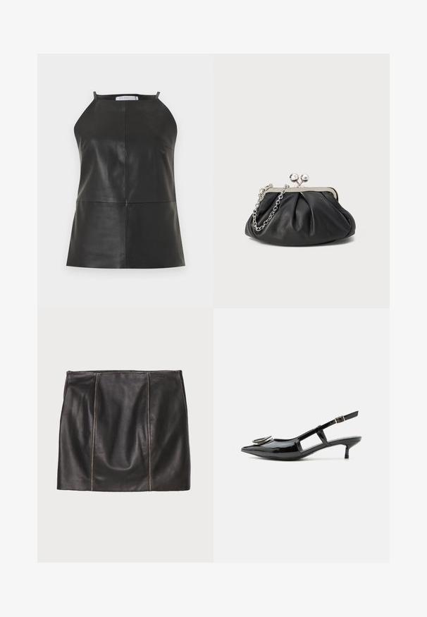 Top negro sin mangas de cuero con escote halter y detalles visibles de costuras verticales y horizontales.; Falda de cuero negra con detalles de paneles cosidos, silueta recta y textura suave. Diseño minimalista sin herrajes.; Zapato slingback de charol negro con tacón kitten, punta puntiaguda, laterales recortados, correa con hebilla y detalle metálico circular en la punta.; Clutch de cuero negro con textura arrugada, marco de metal en tono plateado, cierre de beso y cadena para colgar. Superficie suave y lisa.