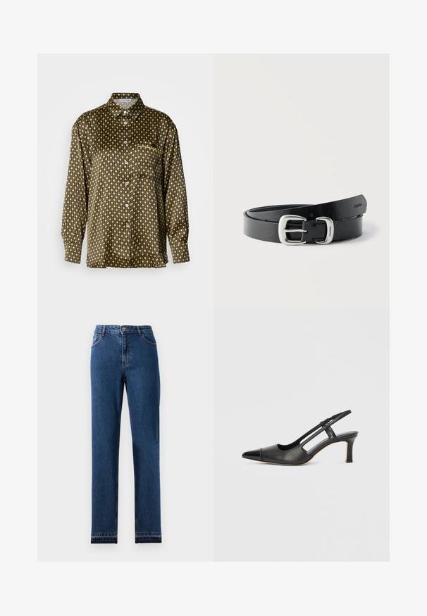 Skjorte med knapper lavet af blankt stof, med et sort og guld geometrisk mønster, brystlomme og lange ærmer.; Blå denim jeans med lige ben-design, fem lommer og en knap-lukning. Har kontrast søm og en let falmning.; Sort læder slingback-sko med spids tå, der har en blank accent på tåhætten og en mellemhøj hæl. Åben sidesektion.; Sort læderbælte snoet med sølv metal spænde indgraveret med "Calvin Klein" mod en ens hvid baggrund.