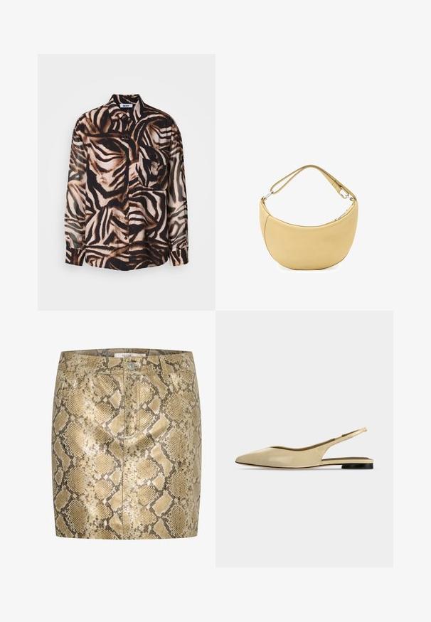 Langærmet skjorte i let materiale med et brun- og sort zebra mønster, med knaplukning foran og en enkelt brystlomme.; Slangeprint mini nederdel med metallisk glans i nuancer af guld og beige. Har knaplukning og for- og baglommer. Tekstureret overflade.; Beige spids tå slingback flad sko med lav sort hæl og en glat læderfinish, vist fra siden på en ensfarvet baggrund.; Blød beige skuldertaske i læder formet som en halvmåne med justerbar rem og sølvfarvet lynlåslukning.