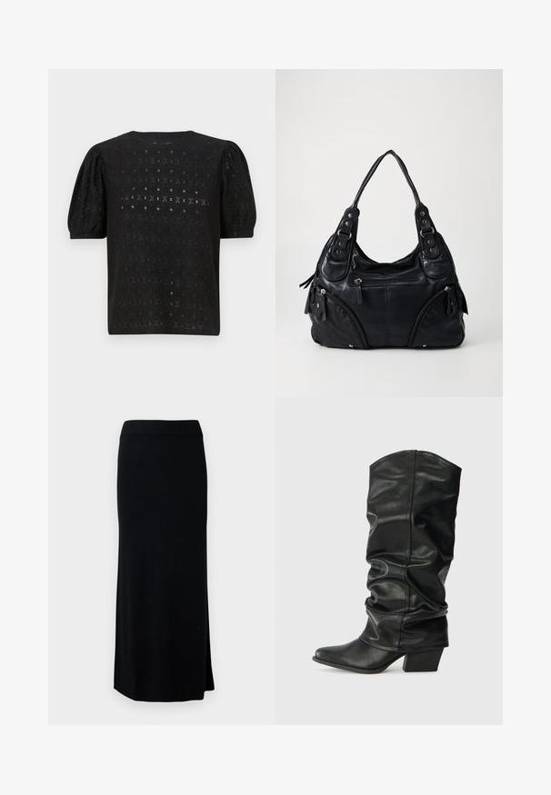 Sort broderet top med rund halsudskæring, puffede ærmer og et intrikat hulmønster i hele stoffet.; Sort, lang, strikket nederdel med en sideslids. Har en strækbar talje og en glat tekstur. Enkel, tætsiddende design. Ingen synlige mønstre eller detaljer.; Sorte læderknæhøje støvler med et skrånet design, spids tå og chunky hæl, der har en glat overflade og minimal syning.; Sort læder håndtaske med dobbelte håndtag, frontlynlåslommer og metalnitte detaljer, sat mod en ensfarvet lys baggrund.