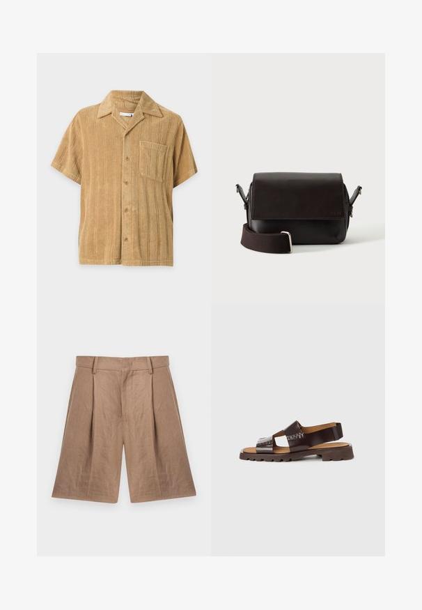Chemise beige à manches courtes avec rayures verticales texturées, boutons sur le devant, poche poitrine et col classique sur fond uni.; Shorts beige coupés sur mesure, longueur genou, avec passants de ceinture, plis à l'avant, poches latérales et taille ajustée sur fond blanc.; Sandale en cuir marron à semelle plate, design à brides croisées et semelle intérieure rembourrée ; présente des accents cousus et une bride au talon pour le maintien.; Sac bandoulière en cuir marron foncé avec fermeture à rabat et sangle en tissu réglable sur fond blanc.