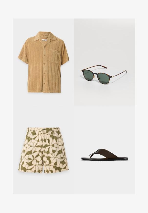 Chemise beige à manches courtes avec rayures verticales texturées, boutons sur le devant, poche poitrine et col classique sur fond uni.; Short beige et vert à motif floral avec taille élastique et fermeture à boutons sur le devant, présenté sur un fond uni.; Sandale tong en cuir marron foncé avec une large sangle à la cheville et une semelle plate noire, montrée de profil sur fond gris.; Montblanc Lunettes de soleil - havana/gold-coloured/green