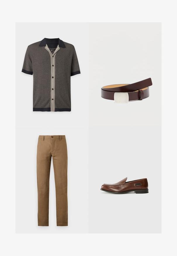 Chemise homme manches courtes avec petit motif à carreaux noir et beige, col noir et patte beige avec boutons noirs.; Pantalon marron à jambes droites avec passants de ceinture et fermeture boutonnée et zippée à l'avant sur fond uni.; Stuart Weitzman BURT - Chaussons - auburn; Ceinture en cuir marron avec une boucle rectangulaire en argent, texture lisse et doublure intérieure plus claire contrastante. Design simple et classique.