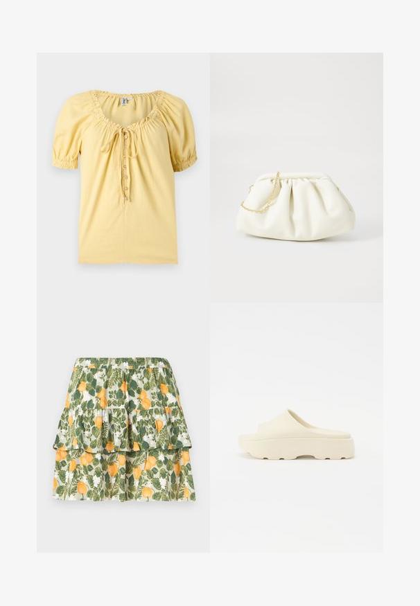 Blusa de manga corta de color amarillo pálido con escote fruncido, cierre de botones en la parte delantera y pequeño detalle de lazo en el pecho.; Minifalda de volantes con cintura elástica, con un estampado de flores amarillas y hojas verdes sobre un fondo claro.; Sandalia beige sin correa con una superficie lisa similar al caucho, puntera redondeada, suela gruesa y fondo texturizado para un mejor agarre. Diseño minimalista.; Bolso de mano de cuero blanco con un diseño recogido, cuenta con una cadena dorada y forma redondeada. Textura suave con pliegues suaves y sin patrones.