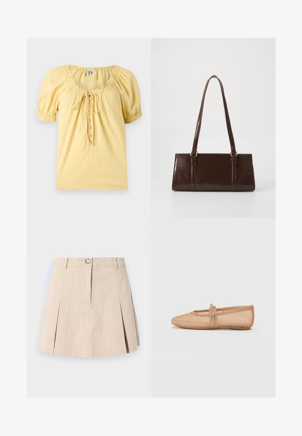 Blouse jaune pâle à manches courtes avec encolure froncée, boutonnage devant et petit détail nœud sur la poitrine.; Jupe courte beige avec plis devant, fermeture à bouton et fermeture éclair, passants de ceinture, présentée sur un fond clair uni.; Ballerines en mesh nude avec un bout pointu, un talon fermé, et une sangle décorative avec une boucle sur le cou-de-pied. Surface texturée.; Sac à main en cuir verni marron de forme rectangulaire, avec deux longues poignées et des accents courbés subtils à l'avant.