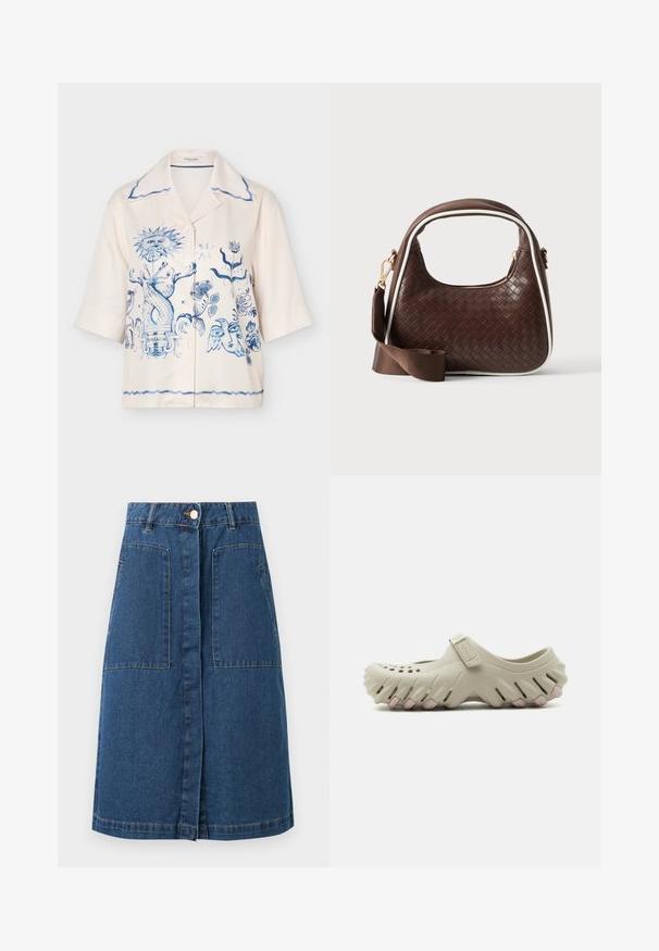 Chemise crème à manches courtes boutonnée avec des imprimés artistiques bleus comprenant un soleil, des motifs floraux et un visage d'oiseau stylisé sur le devant.; Jupe en denim bleu foncé longueur genou avec fermeture boutonnée à l'avant, passants pour ceinture et deux grandes poches plaquées à l'avant.; Sabot Crocs beige clair avec bout perforé, côtés ventilés, bride réglable et semelle robuste avec des accents roses.; Sac à main en cuir tressé marron avec passepoil blanc, fermeture éclair dorée et bandoulière amovible en tissu marron.