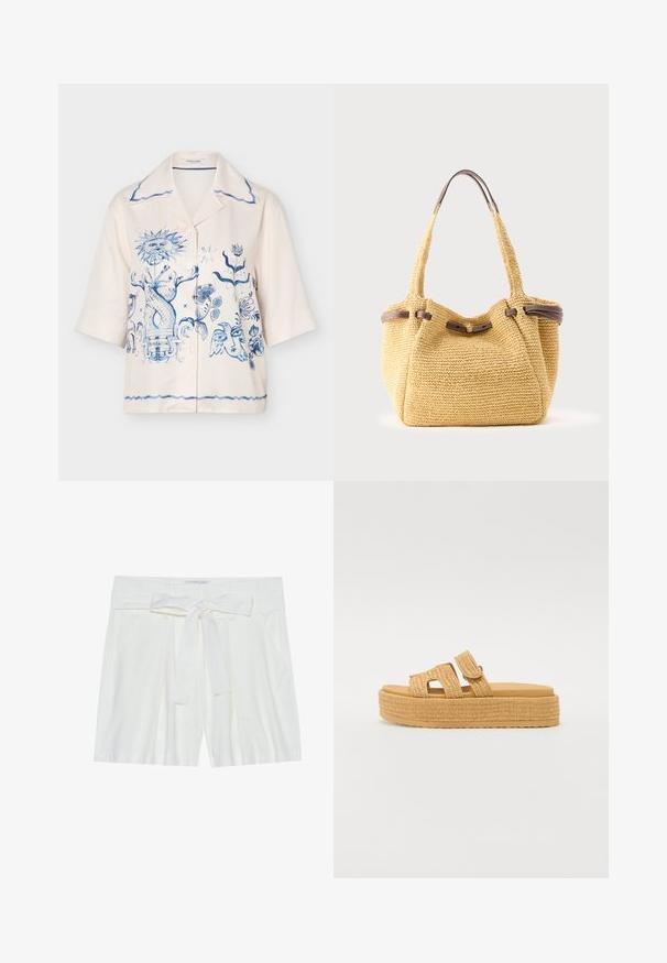 Creme kortærmet skjorte med knapper og blå kunstneriske tryk inklusive en sol, blomsterdesign og et stiliseret fugleansigt på forsiden.; Hvide linned shorts med en bundet taljebælte, der har sidelommer og en afslappet pasform. Glat tekstur og enkelt design.; Steve Madden BIGMISSILE - Hjemmesko - beige; Vævet beige shopper med brun læderkant og knapdetalje, med to skulderstropper mod en lys baggrund.