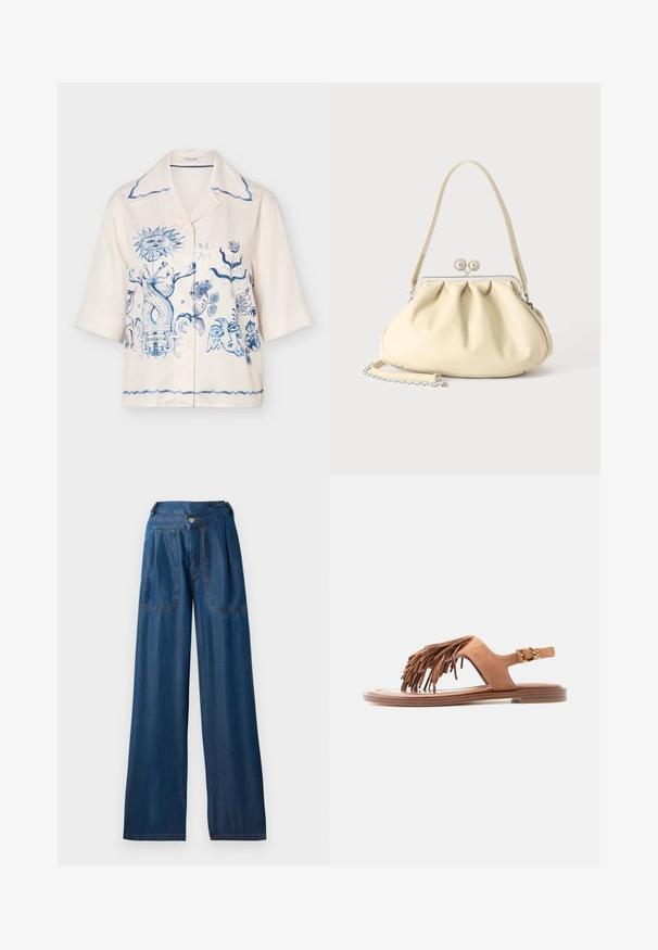 Crèmekleurig overhemd met korte mouwen en knopen met blauwe artistieke prints waaronder een zon, bloemmotieven en een gestileerd vogelgezicht aan de voorkant.; Donkerblauwe wijde jeans van denim, met twee voorzakken, een knoopsluiting en contrasterende oranje stiksels.; Bruine suède platte sandaal met franjes op de voorste band en een gouden gesp aan de enkelband, zijkant op witte achtergrond.; Crèmekleurige zachte leren handtas met geplooid ontwerp, zilveren frame sluiting, korte handgreep en een afneembare kettingriem.