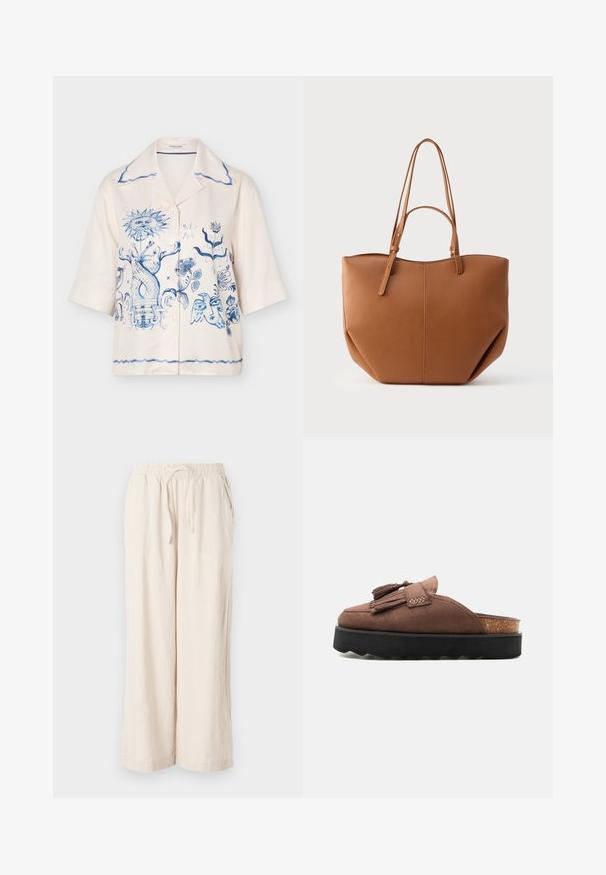 Camisa crema de manga corta con botones y estampados artísticos azules que incluyen un sol, diseños florales y una cara de pájaro estilizada en la parte delantera.; Pantalones de lino beige de pierna ancha con cintura elástica y bolsillos frontales. Textura suave, tejido ligero, diseño a la altura del tobillo.; Zueco marrón de ante sin cordones con suela plataforma negra, plantilla de corcho y borlas decorativas en la parte superior sobre un fondo liso.; Bolso tote de cuero sintético de color tostado con dos asas largas, forma redondeada, costuras visibles y detalles de costuras verticales. Textura suave.