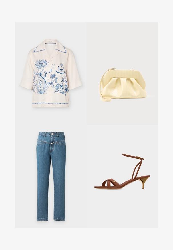 Camisa crema de manga corta con botones y estampados artísticos azules que incluyen un sol, diseños florales y una cara de pájaro estilizada en la parte delantera.; CLOSED PEDAL PUSHER - Vaqueros boyfriend - mid blue; Sandalia de cuero marrón con tiras, tacón bajo dorado tipo kitten, correa con hebilla en el tobillo y pequeño detalle de logotipo dorado en las tiras delanteras.; Bolso clutch de cuero color crema con un marco superior estructurado y correa de muñeca, mostrado sobre un fondo claro y liso.