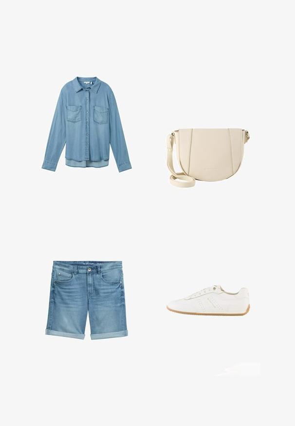 Helles blaues Denimhemd mit langen Ärmeln, Knopfverschluss und zwei aufgesetzten Taschen vorne. Es verfügt über einen klassischen Kragen und einen leicht abgerundeten Saum.; Jeansshorts in Hellblau mit einem verblassten Finish, featuring aufgerollten Säumen, Fünf-Taschen-Design und Metallknopfverschluss an der Taille.; Weißer Sneaker in niedrigem Schnitt mit beiger Gummisohle, Schnürsenkeln, seitlichen Perforationsdetails und "Tom Tailor" Logo an der Seite.; Umhängetasche aus strukturiertem, cremefarbenem Kunstleder, halbkreisförmige Form, verstellbarer Riemen, minimalistische Nähte und dezentes Branding am Boden.