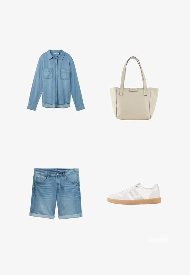 Lysblå denimskjorte med lange ærmer, knaplukning og to forlommer. Har en klassisk krave og en let buet kant.; Denimshorts i lyseblå med en falmet finish, udstyret med opsmøgede kanter, fem lomme-design og metalknaplukning i taljen.; Hvid lavtop sneaker med sølvstriber, hvide snørebånd og en lys brun gummisål, vist fra siden på en hvid baggrund.; Beige tote bag med præget geometrisk mønster, dobbelte håndtag og sorte stikninger. Har et diskret logo på fronten.