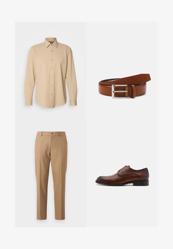Chemise beige à manches longues en tissu texturé avec un motif à carreaux, dotée d'un devant avec boutons et de poignets, coupe ajustée.; Pantalons taillés beige avec une coupe droite, présentant un pli avant unique, une fermeture à bouton et des détails de couture subtils.; Chaussure habillée en cuir marron au design élégant, à bout rond, avec un laçage à cinq œillets et un petit talon empilé. Présente des coutures discrètes.; Ceinture en cuir marron avec une texture lisse, dotée d'une boucle rectangulaire en métal argenté et d'une extrémité effilée.