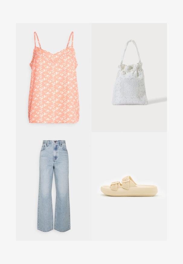 JDY JDYSERENA EMBROIDERY SINGLET - Top - living coral/cloud dancer; Jeans anchos de mezclilla de un azul claro con una cintura alta, diseño clásico de cinco bolsillos y costuras en contraste. Detalle de dobladillo sin terminar en la parte inferior.; Sandalia beige tipo slip-on con parte superior texturizada, correas ajustables con hebilla y una suela gruesa y acolchada. Diseño liviano adecuado para uso casual.; Bolsa de tela blanca con bordado floral de encaje y una asa superior fruncida, mostrada sobre un fondo claro y liso.