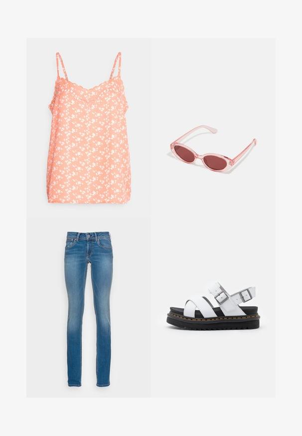 JDY JDYSERENA EMBROIDERY SINGLET - Top - living coral/cloud dancer; Lysblå denimjeans med slim fit, fem lommer og kontrasterende orange syninger, med knap- og lynlåslukning.; Hvide lædersandaler med justerbare spænder, lagdelt sort platformssål og orange syning langs kanten.; Lyserøde transparente solbriller med ovale linser, mørkerød toning og slanke stænger, der har en glat overflade og diskret detaljering på rammen.