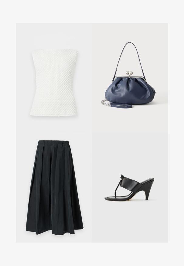 Haut blanc texturé en maille sans bretelles, avec une silhouette ajustée et un motif subtil en nid d'abeille.; Pantalon noir à jambes larges plissé avec une ceinture élastique, fabriqué en tissu léger, suspendu sur un fond blanc uni.; Sandale noire à talon haut avec une large bride avant et une boucle d'orteil dotée d'un détail de corde nouée, vue de profil sur fond blanc.; Sac à main en cuir bleu marine doux avec fermeture à boucle argentée, une seule bandoulière, et une chaîne de poignet amovible sur fond blanc.