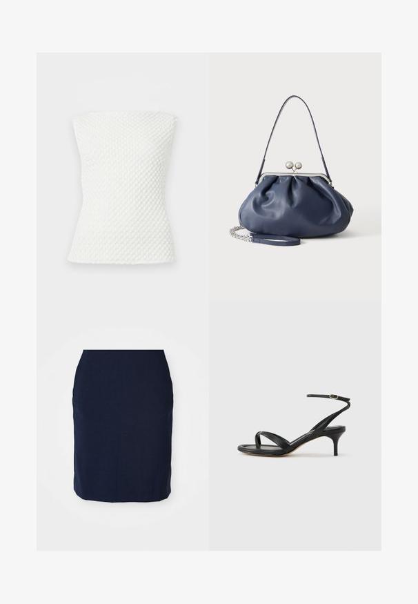 Hvid tekstureret strapless strikket top med en tætsiddende silhuet og et diskret honningkage-mønster.; Navy blyantskørter lavet af tekstureret stof, knælang, med en tætsiddende design og uden synlige lukninger eller udsmykninger.; Sort damesandal i læder med tynde remme, en tå-loop, ankelspænde og en mellemhøj stiletthæl på en neutral baggrund.; Blød navyblå læderhåndtaske med sølv lukning, enkelt skulderrem og aftagelig kæde til håndleddet på hvid baggrund.