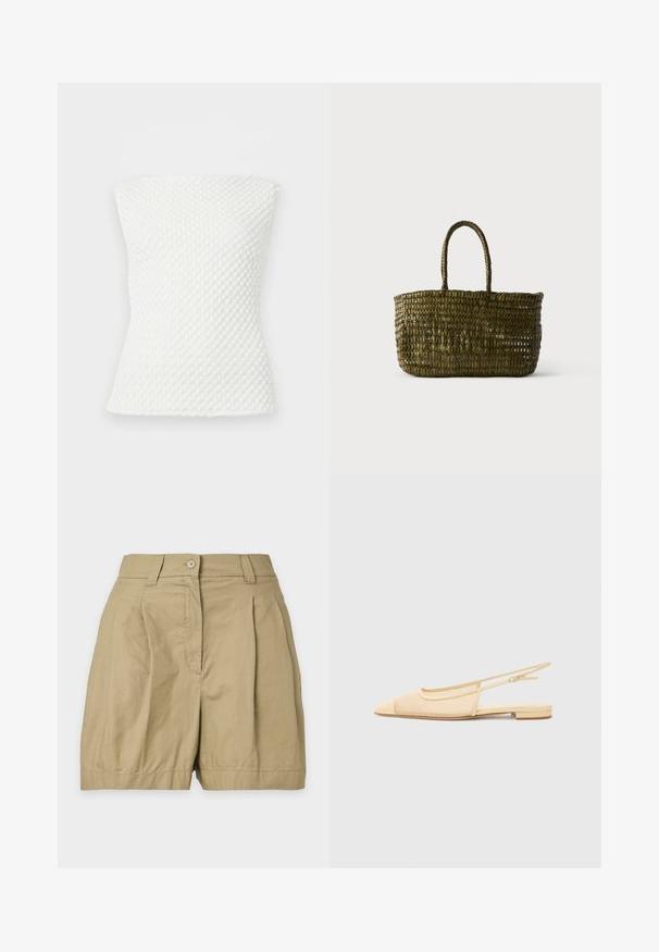 Haut blanc texturé en maille sans bretelles, avec une silhouette ajustée et un motif subtil en nid d'abeille.; Short beige taille haute avec fermeture par bouton et zip, passants de ceinture et plis sur le devant, présenté sur un fond uni.; Chaussure plate slingback en beige clair avec une tige en maille, un bout pointu et un petit talon. Dotée d'une sangle ajustable pour un bon maintien.; Sac cabas tissé vert olive avec deux poignées arrondies sur un fond clair uni.