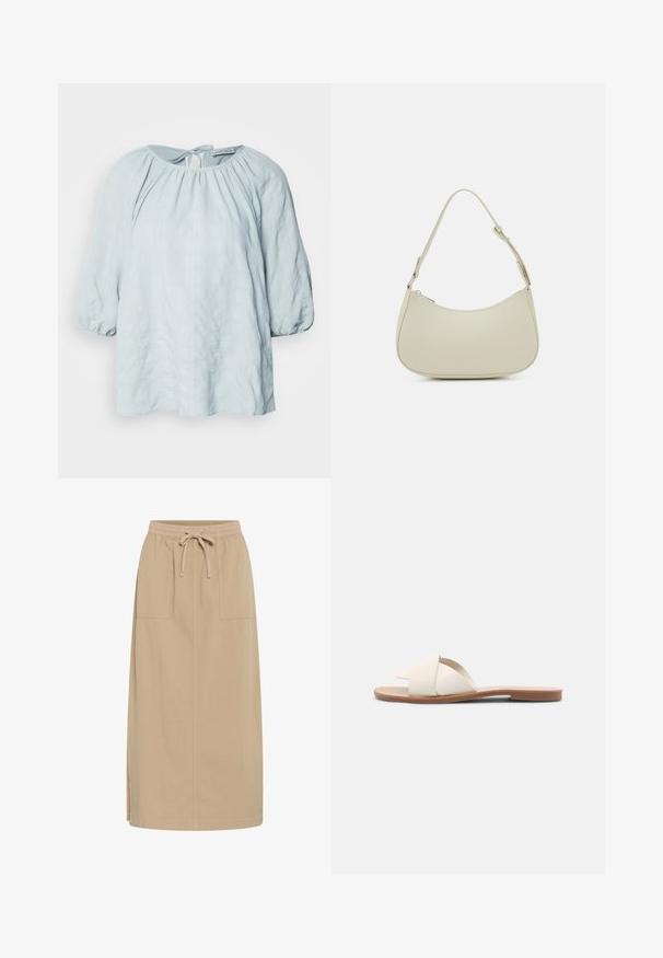 Lyseblå bluse med et struktureret ternet mønster, rund halsudskæring og samlede ærmer. Har en bindedetalje bagpå.; Beige bomuldsnederdel med snoreliv, to sidelommer, lige pasform og sideslidser for nem bevægelse. Glat tekstur.; Lyse beige flade sandaler med krydsende stropper, en glat syntetisk overdel og en brun, flad gummisål. Ingen dekorationer eller mønstre.; Pieces PCALUANA SHOULDER BAG - Håndtasker - birch