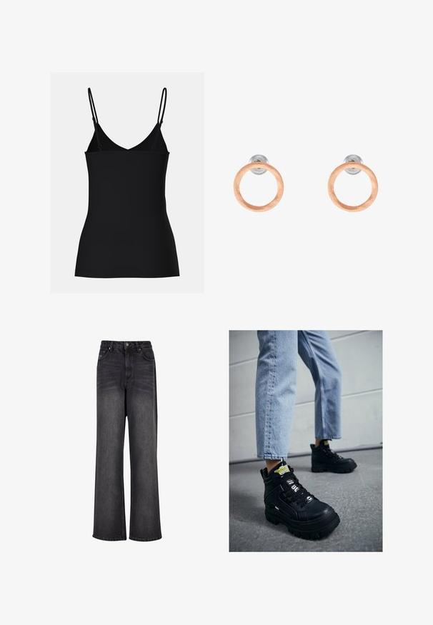 Schwarzes Camisole-Top mit dünnen, verstellbaren Trägern, V-Ausschnitt-Design, enganliegender Form und nahtloser Textur. Schlichter und minimalistisch Stil.; Schwarze Denim-Jeans mit weitem Bein und glatter Textur, mit hoher Taille, seitlichen Taschen und einer Knopfverschluss.; Schwarze High-Top-Sneaker mit einer dicken Sohle, mit Schnürdesign, Logo-Akzenten und gelben Etiketten. Tragen mit hellblauen, gekürzten Jeans.; Runde Ohrstecker aus Roségold mit gebürsteter Oberfläche, ausgestattet mit transparenten Rückseiten für sicheren Halt. Einfaches und minimalistisches Design.