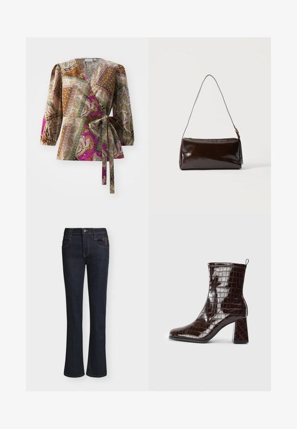 Multikleurige wikkelblouse met een paisleypatroon in bruin, roze en groen. Lange, geplooide mouwen en een strikdetail in de taille. Glad textile met een soepele textuur.; Donkerblauwe denim jeans met licht uitlopende pijpen, vooraan knoop- en ritsluiting, voorzakken en zichtbare stikseldetails.; Donkerbruin gepatineerd leren enkelboot met krokodillenstructuur, blokhak en trekband aan de achterkant, tegen een witte achtergrond.; Donkerbruine rechthoekige leren schoudertas met een enkele dunne band en goudkleurige gesp op een effen achtergrond.
