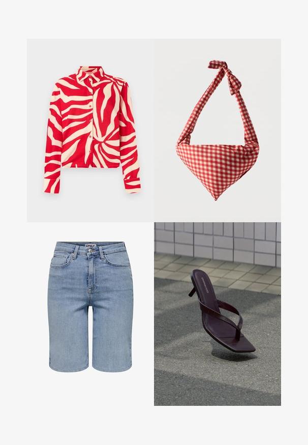 Langærmet skjorte med knapper, røde og cremefarvede abstrakte zebrastriber, spids krave og manchetter på ærmerne mod en lys baggrund.; Lyseblå denimshorts med forlommer, bæltestropper, en metalknap og en lynlåslukning.; Mørkebrune sandaler med hæl, firkantet tå og tynde stropper svævende over tekstureret fortov nær flisevæg.; Blød stofskuldertaske med rødt og hvidt ternet mønster, håndtag med bundet knude og trekantet form mod en ensfarvet baggrund.