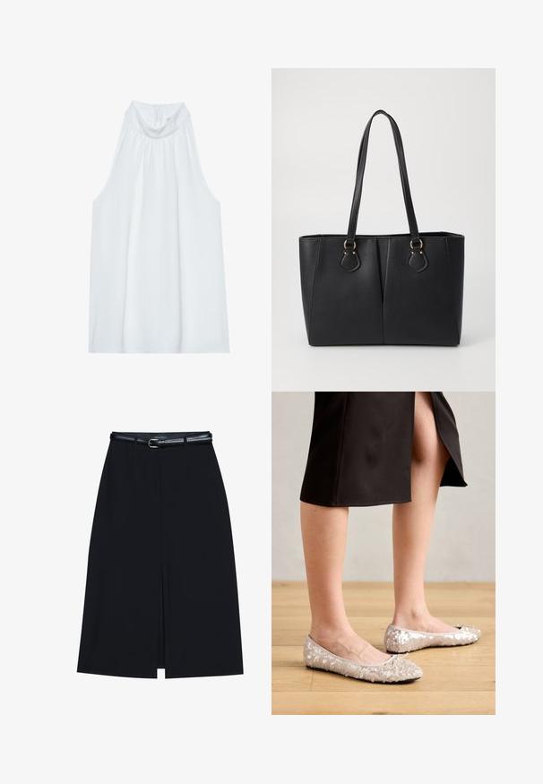 Haut sans manches blanc avec un col montant, en tissu doux, présentant des détails froncés au niveau du col et une fermeture éclair dissimulée à l'arrière.; Jupe noire à mi-cuisse avec une fente frontale, fabriquée en tissu lisse. Comprend une fine ceinture noire avec une boucle en argent et des passants.; Ballerines en sequins beiges avec un bout rond, ornées d'un accent nœud, associées à une jupe noire, exposées sur un sol en bois.; Sac fourre-tout noir en simili cuir avec une finition texturée, deux longues poignées et des accents en métal doré sur le côté. Shape rectangulaire.