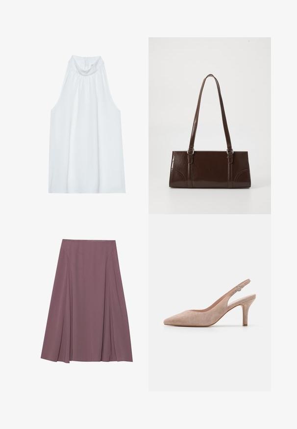 Top blanco sin mangas con cuello alto, confeccionado en una tela suave, con detalles fruncidos en el escote y una cremallera oculta en la parte posterior.; Una falda hasta la rodilla en un color malva apagado, hecha de una tela ligera con un diseño plisado y una textura suave. Sin cierres visibles.; Zapato de tacón alto tipo slingback en suave ante beige, con punta afilada, tacón delgado y correa ajustable en el tobillo con hebilla redonda.; Bolso de mano de piel sintética marrón con forma rectangular, dos asas largas y sutiles acentos curvados en la parte delantera.