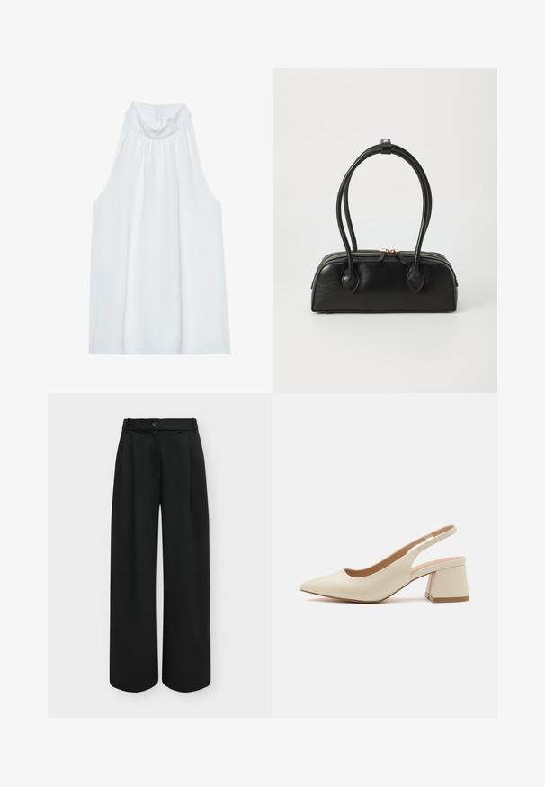 Haut sans manches blanc avec un col montant, en tissu doux, présentant des détails froncés au niveau du col et une fermeture éclair dissimulée à l'arrière.; Pantalon noir taille haute à jambes larges avec un bouton sur le devant et une fermeture éclair dissimulée sur un fond clair uni.; Mocassin à talon bas et bout pointu en cuir beige clair avec une bride arrière. Présente un design découpé et une texture lisse.; Sac à main en cuir noir avec deux anses allongées, fermeture éclair et forme arrondie ; texture lisse avec une finition légèrement brillante.