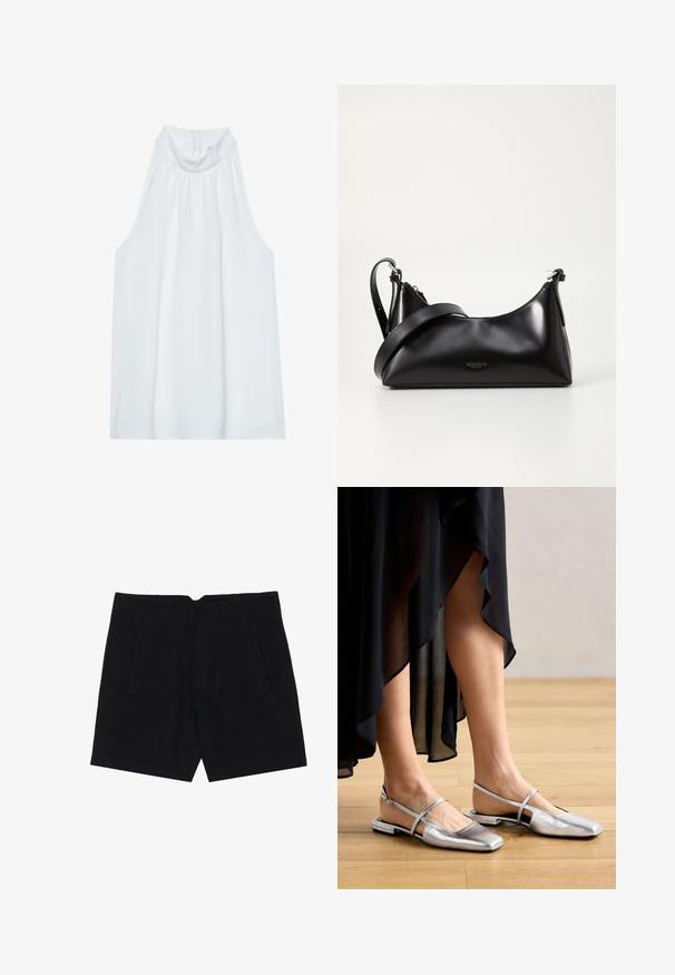 Witte mouwloze top met een hoge hals, gemaakt van zachte stof, met geplooide details bij de halslijn en een verborgen ritssluiting aan de achterkant.; Zwarte shorts van een gladde stof, met zijzakken, een getailleerde pasvorm en gestikte plooien aan de voorkant voor een nette silhouet.; Zilveren metallic platte schoenen met een vierkante neusdesign, slingbackbandje en uitsnijdingen. Gladde textuur op een houten vloer.; Zwarte leren handtas met een gladde textuur. Beschikt over een verstelbare schouderband en een strak, minimalistisch ontwerp met een ritssluiting.