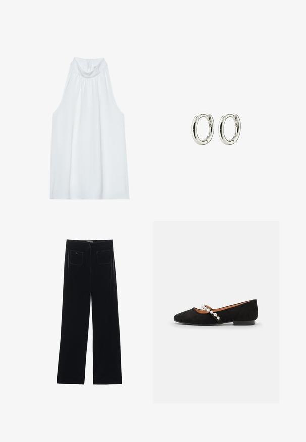Haut sans manches blanc avec un col montant, en tissu doux, présentant des détails froncés au niveau du col et une fermeture éclair dissimulée à l'arrière.; Pantalons larges en velours noir avec deux poches arrière et une texture lisse, présentant une coupe droite et une finition ourlée aux chevilles.; Ballerines en velours noir à bout pointu, dotées d'une strap décorative ornée de perles blanches et d'un petit talon.; Boucles d'oreilles en argent avec une finition lisse et brillante. Forme ronde avec une fermeture sécurisée. Design minimaliste mettant en avant un détail subtil en torsion.