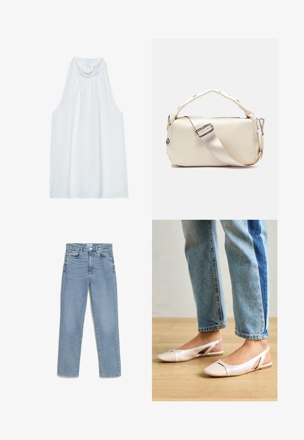 Weißes ärmelloses Top mit hohem Kragen, aus weichem Material, mit Raffung am Ausschnitt und einem verdeckten Reißverschluss auf der Rückseite.; Hellblaue Jeans mit geradem Schnitt, fünf Taschen, vorderem Knopfverschluss und sanften Ausbleichungen am Oberschenkel. Klassische Denim-Struktur.; Blassrosa Slingback-Ballerinas mit spitzem Punkt, aus einem glatten, lederähnlichen Material. Mit Ausschnitten an den Seiten und einem flachen Absatz.; Cremefarbener Kunstledertasche mit einer strukturierten rechteckigen Form, die mit einem gepolsterten Griff, einem verstellbaren Satinstropper und silbernen Hardware-Akzenten ausgestattet ist.