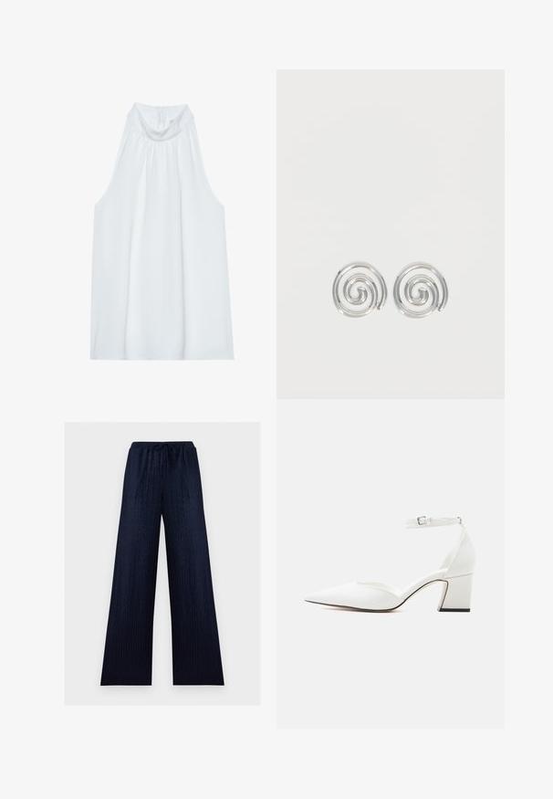 Haut sans manches blanc avec un col montant, en tissu doux, présentant des détails froncés au niveau du col et une fermeture éclair dissimulée à l'arrière.; Pantalon large bleu marine avec une texture subtile en zigzag, taille élastique et fermeture à cordon.; Chaussure blanche à bout pointu, talon moyen, bride à la cheville avec boucle, finition lisse, et talon bloc sur un fond clair uni.; Paire de boucles d'oreilles en forme d'anneau spirale en argent avec un design lisse et arrondi sur fond blanc uni.