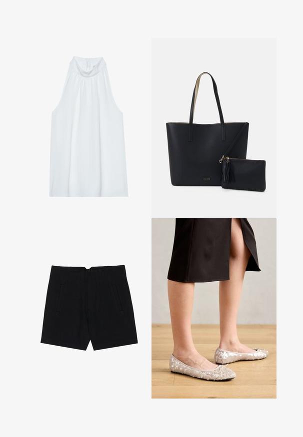 Top blanco sin mangas con cuello alto, confeccionado en una tela suave, con detalles fruncidos en el escote y una cremallera oculta en la parte posterior.; Pantalones cortos negros de tejido suave, con bolsillos laterales, un ajuste entallado y pliegues estructurados en la parte frontal para una silueta limpia.; Bailarinas de lentejuelas beige con puntera redondeada, que presentan un lazo decorativo, combinadas con una falda negra, exhibidas sobre un suelo de madera.; Bolsa tote negra con material texturizado, dos asas largas y un bolso con cremallera removible que cuenta con un detalle de borlas. Logo de la marca en dorado visible.