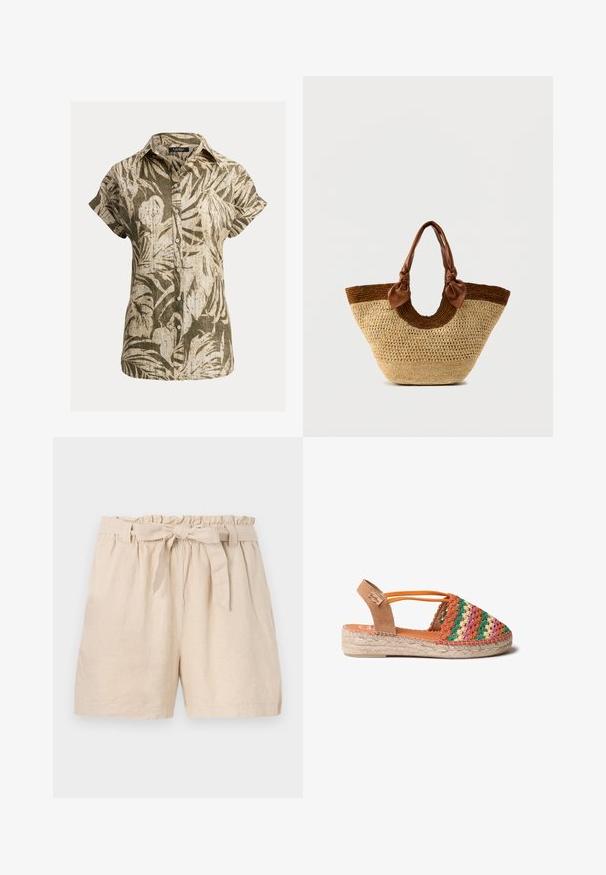 Camisa de mujer de manga corta con botones, cuello camisero y patrón abstracto de hojas en tonos verde oliva y beige.; Pantalones cortos de lino beige con una cintura elástica, dobladillo con volantes y un cinturón atado desmontable. Presentan un corte relajado y un tejido suave y texturizado.; Sandalia de esparto tejida con patrones multicolores en naranja, verde y rosa. Hebilla de ante y suela cosida de yute. Diseño plano.; Bolso tote de paja tejido con base de color natural, acento marrón oscuro y asas de cuero marrón con detalles de nudos en los extremos.