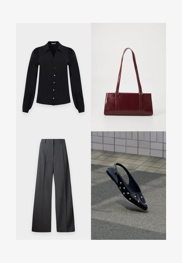 Sort langærmet bluse med spidse krave, V-udskæring, knaplukning og pufærmer. Stoffet ser glat ud med en let glans.; Bredde benbukser i mørkegrå stof, med høj talje, enkelte læg og en glat tekstur med en ren finish ved kanten.; Sort spids slingback-sko med sølvnitter, der svæver over asfalt tæt på flisebelagt væg.; Bordeaux håndtaske lavet af glansfuldt materiale, rektangulær form, med to skulderremme og subtile buede detaljer på forsiden.